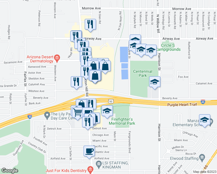 map of restaurants, bars, coffee shops, grocery stores, and more near 1969 Beverly Avenue in Kingman