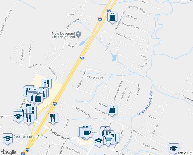 map of restaurants, bars, coffee shops, grocery stores, and more near 1110 Eldredge Circle Northwest in Cleveland
