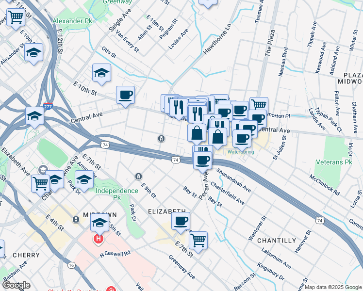 map of restaurants, bars, coffee shops, grocery stores, and more near 2115 Garabrandt Lane in Charlotte