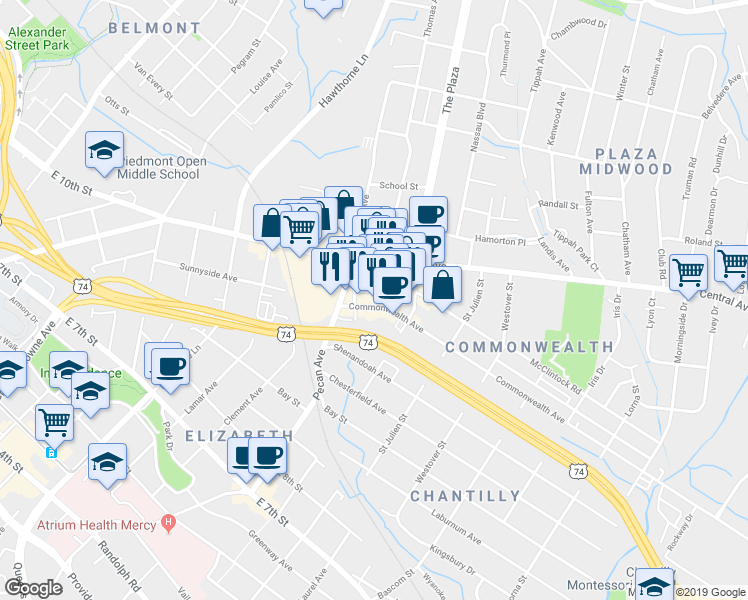 map of restaurants, bars, coffee shops, grocery stores, and more near 1919 Commonwealth Avenue in Charlotte