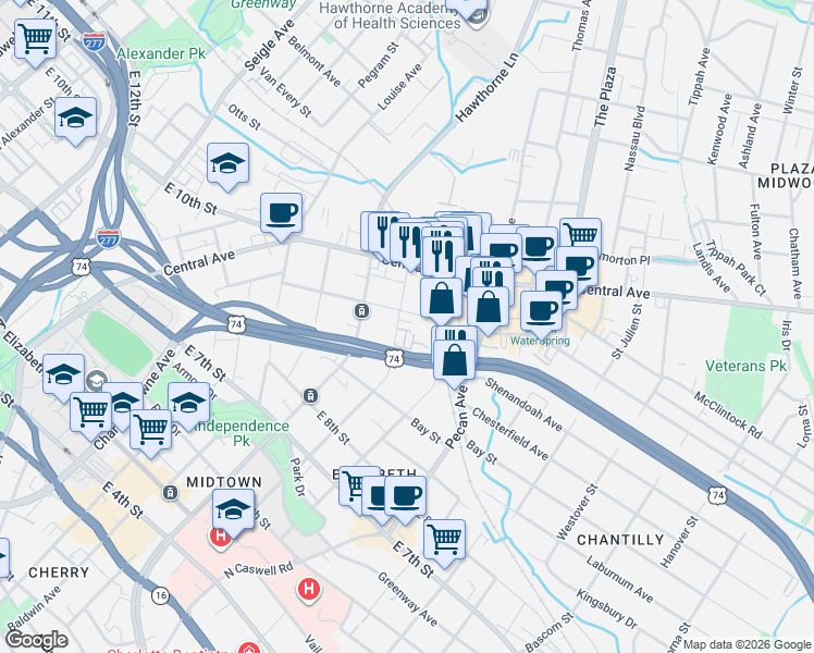 map of restaurants, bars, coffee shops, grocery stores, and more near in Charlotte