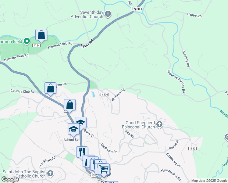map of restaurants, bars, coffee shops, grocery stores, and more near 105 Beaver Street in Tryon