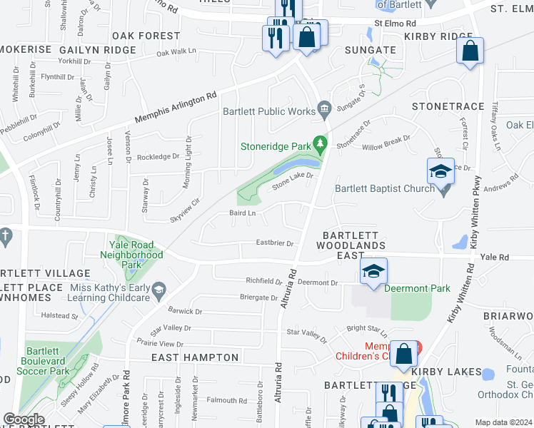 map of restaurants, bars, coffee shops, grocery stores, and more near 6439 Baird Lane in Bartlett