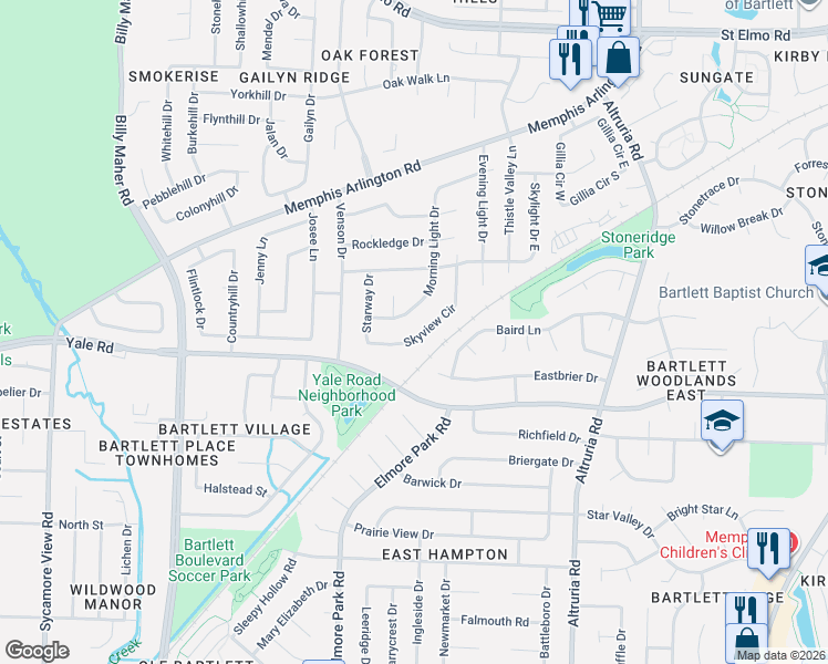 map of restaurants, bars, coffee shops, grocery stores, and more near 6259 Skyview Circle in Memphis