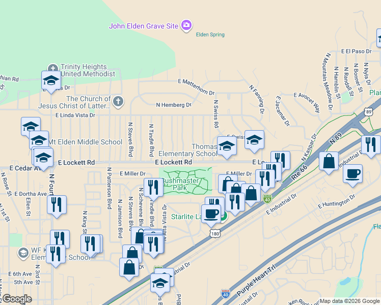 map of restaurants, bars, coffee shops, grocery stores, and more near 3207 North Manor Road in Flagstaff