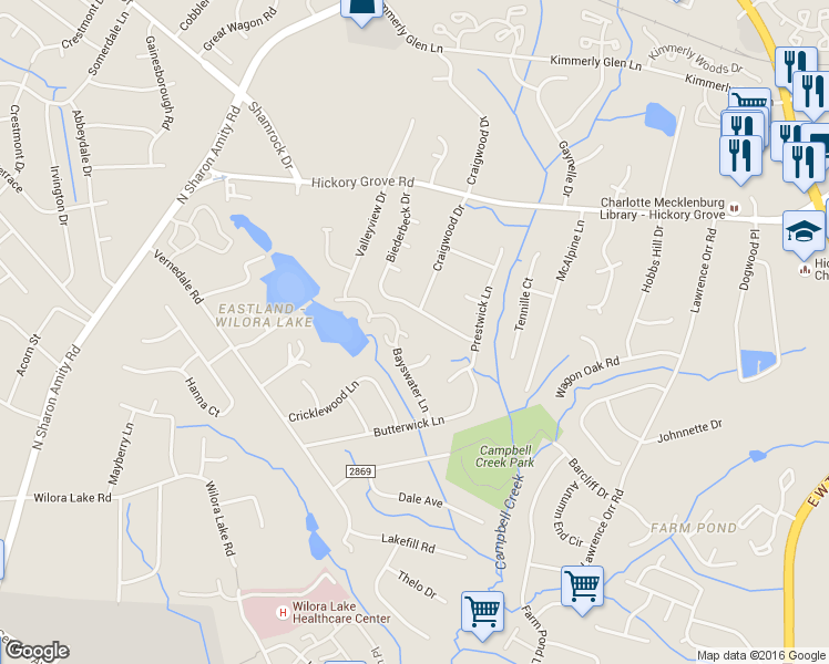 map of restaurants, bars, coffee shops, grocery stores, and more near 4810 Pennant Place in Charlotte