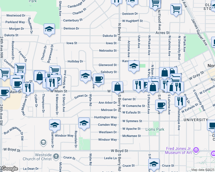 map of restaurants, bars, coffee shops, grocery stores, and more near 1235 West Main Street in Norman