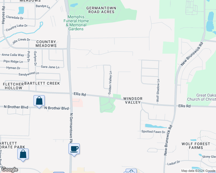 map of restaurants, bars, coffee shops, grocery stores, and more near 3423 Golden Valley Lane in Bartlett