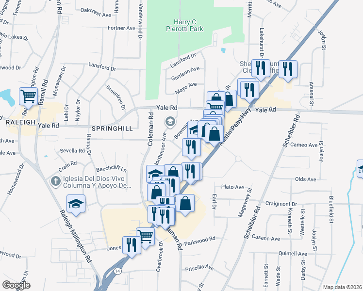 map of restaurants, bars, coffee shops, grocery stores, and more near 4462 Riche Road in Memphis