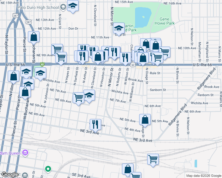 map of restaurants, bars, coffee shops, grocery stores, and more near 705 North Mirror Street in Amarillo
