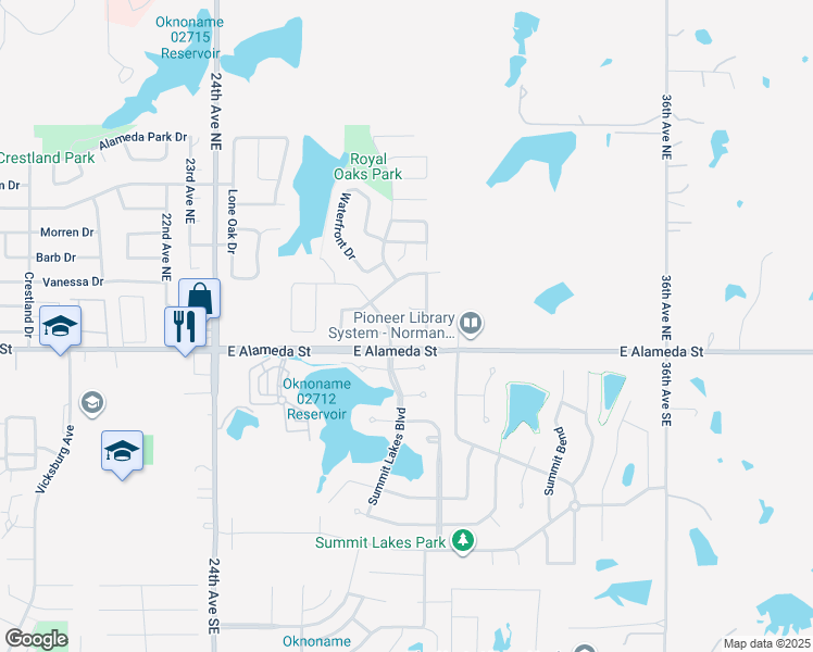map of restaurants, bars, coffee shops, grocery stores, and more near 2912 Sandstone Drive in Norman