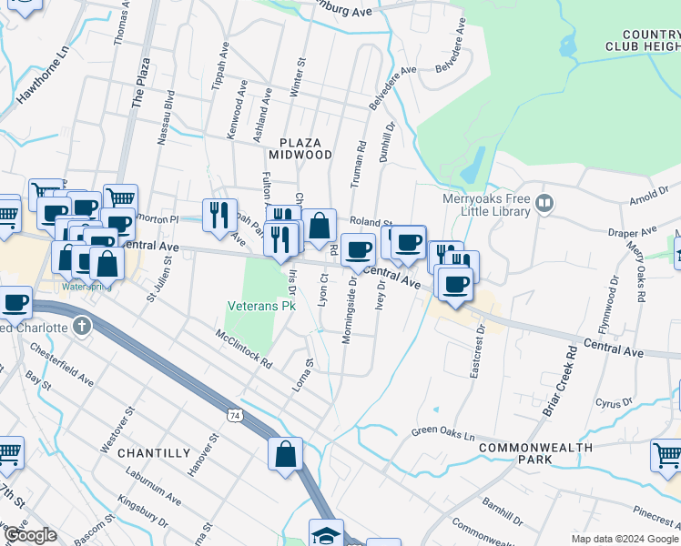 map of restaurants, bars, coffee shops, grocery stores, and more near 2514 Central Avenue in Charlotte