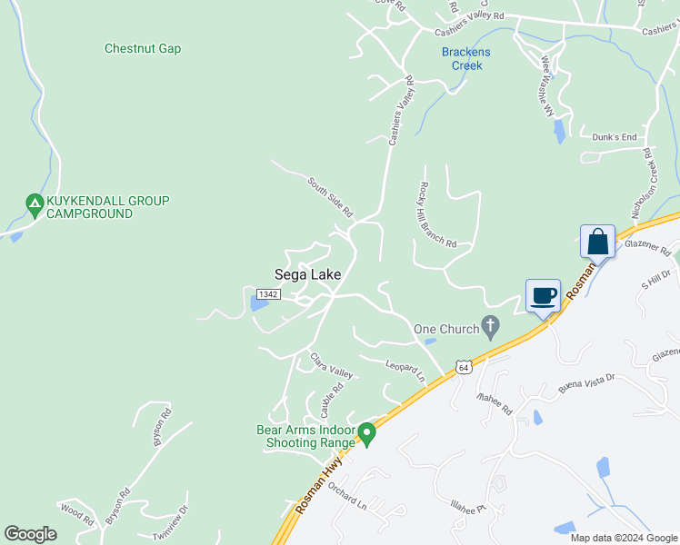 map of restaurants, bars, coffee shops, grocery stores, and more near 1824 Cashiers Valley Road in Brevard