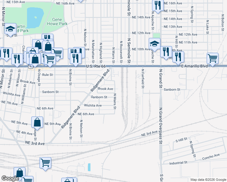 map of restaurants, bars, coffee shops, grocery stores, and more near 649-671 North Marrs Street in Amarillo