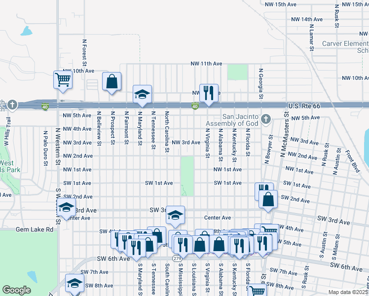 map of restaurants, bars, coffee shops, grocery stores, and more near 3200 Northwest 2nd Avenue in Amarillo
