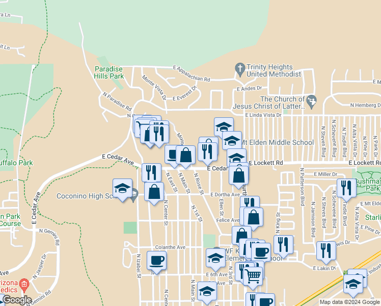 map of restaurants, bars, coffee shops, grocery stores, and more near 3108 Monte Vista Drive in Flagstaff