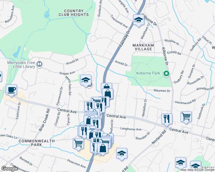 map of restaurants, bars, coffee shops, grocery stores, and more near 1731 Medford Drive in Charlotte
