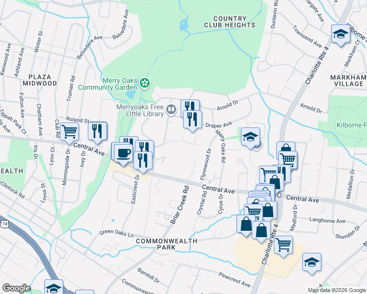 map of restaurants, bars, coffee shops, grocery stores, and more near in Charlotte