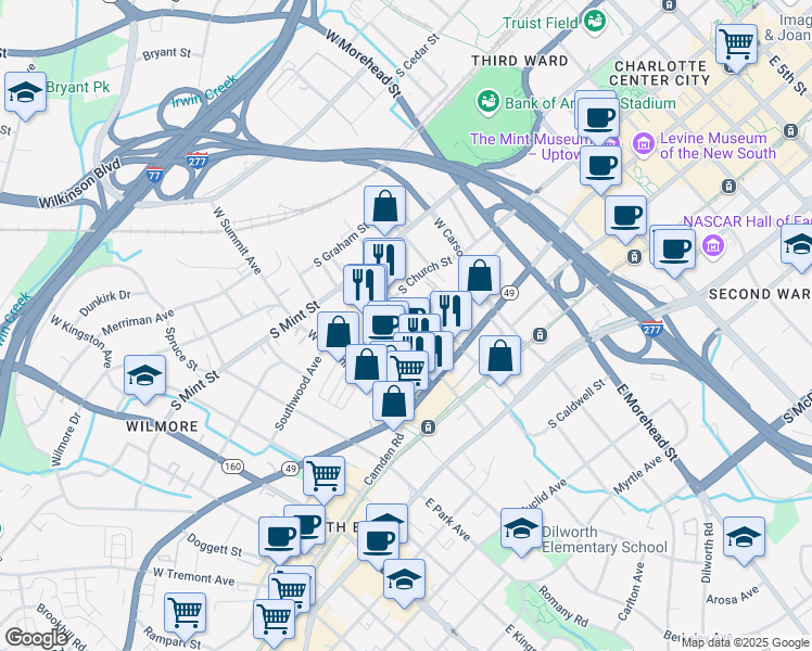 map of restaurants, bars, coffee shops, grocery stores, and more near 204 West Bland Street in Charlotte