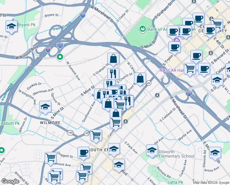 map of restaurants, bars, coffee shops, grocery stores, and more near in Charlotte
