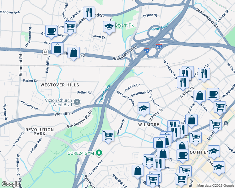 map of restaurants, bars, coffee shops, grocery stores, and more near 1824 Merriman Avenue in Charlotte