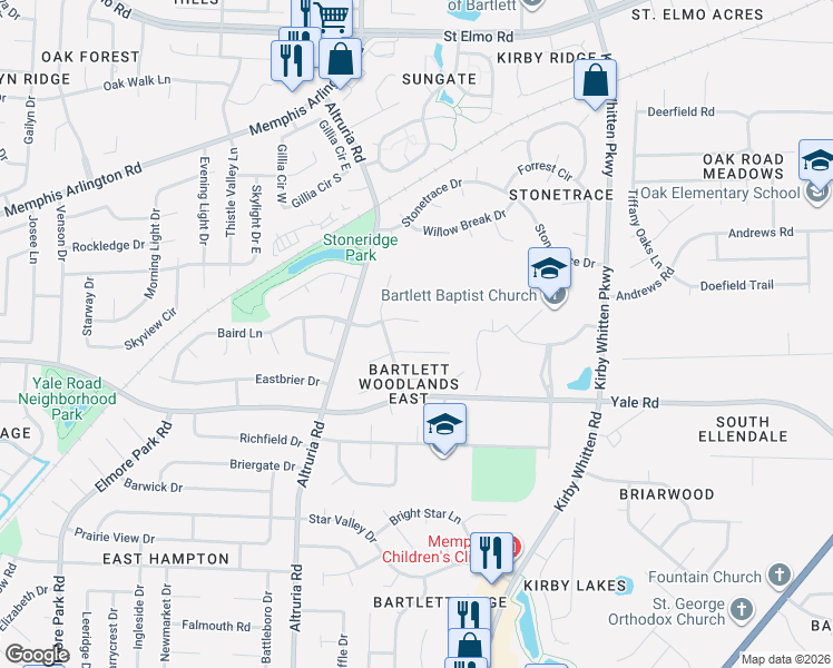 map of restaurants, bars, coffee shops, grocery stores, and more near 6617 Wood Park Lane in Memphis