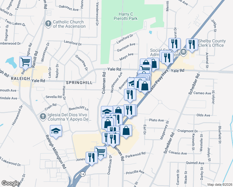 map of restaurants, bars, coffee shops, grocery stores, and more near 3400 Northmoor Avenue in Memphis