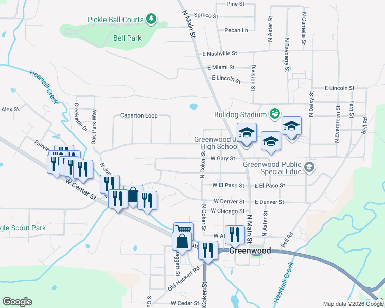 map of restaurants, bars, coffee shops, grocery stores, and more near 409 North Coker Street in Greenwood