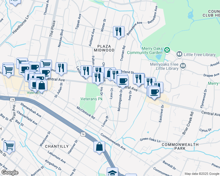 map of restaurants, bars, coffee shops, grocery stores, and more near 1500 Lyon Court in Charlotte