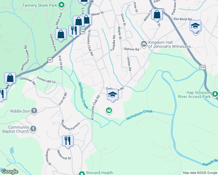 map of restaurants, bars, coffee shops, grocery stores, and more near 757 Gallimore Road in Brevard