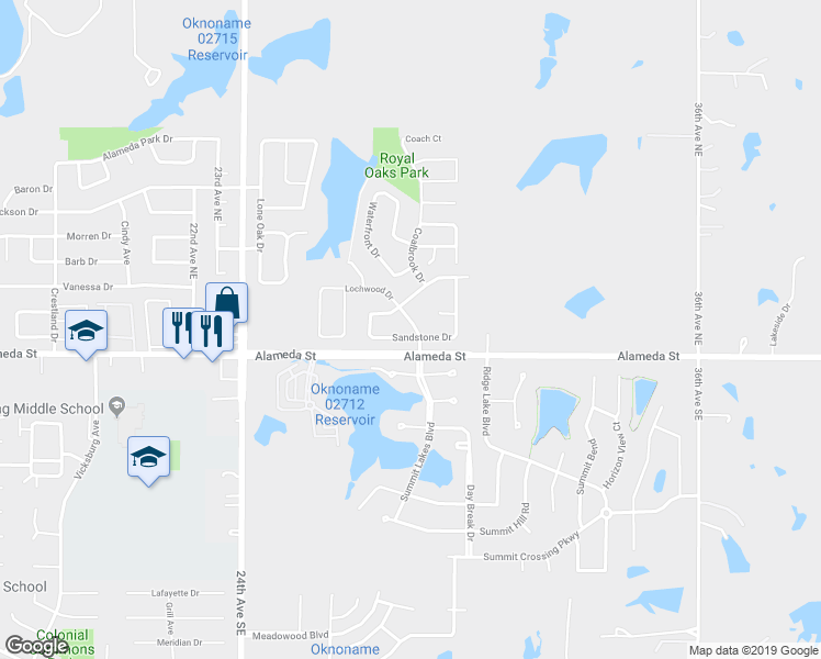 map of restaurants, bars, coffee shops, grocery stores, and more near 112 Lochwood Drive in Norman