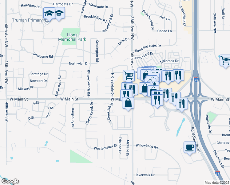 map of restaurants, bars, coffee shops, grocery stores, and more near 113 North Creekdale Drive in Norman