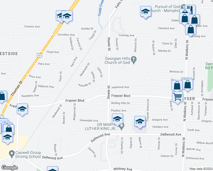 map of restaurants, bars, coffee shops, grocery stores, and more near 1456 Haywood Avenue in Memphis