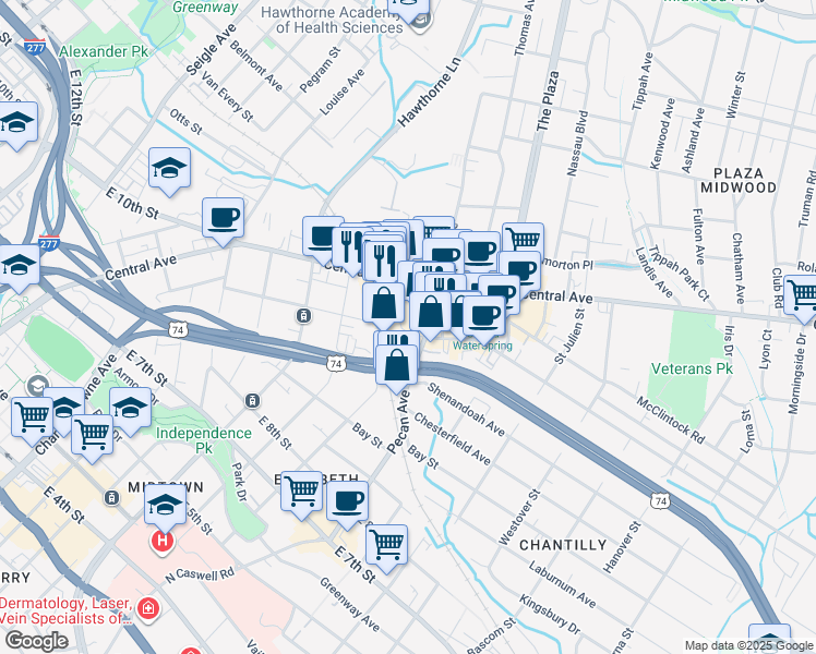 map of restaurants, bars, coffee shops, grocery stores, and more near 1711 Commonwealth Avenue in Charlotte