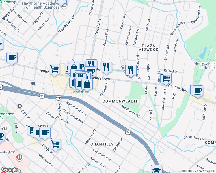 map of restaurants, bars, coffee shops, grocery stores, and more near 1314 Saint Julien Street in Charlotte