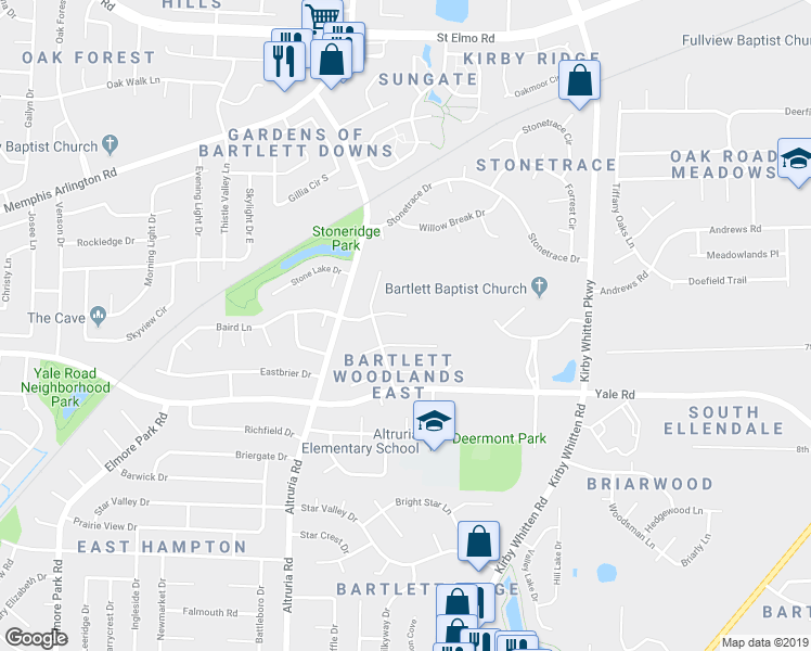 map of restaurants, bars, coffee shops, grocery stores, and more near 6601 Baird Cove in Memphis