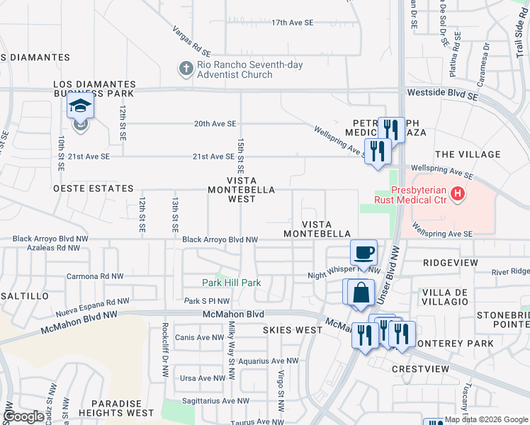 map of restaurants, bars, coffee shops, grocery stores, and more near 1620 23rd Avenue Southeast in Rio Rancho