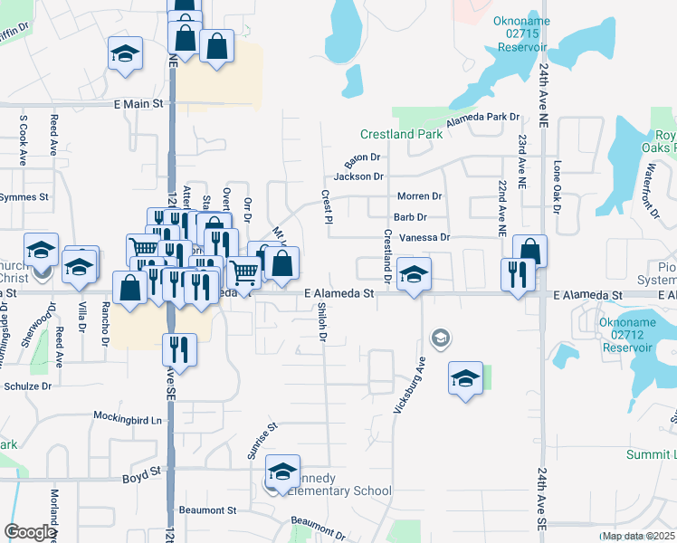 map of restaurants, bars, coffee shops, grocery stores, and more near 1701 East Alameda Street in Norman
