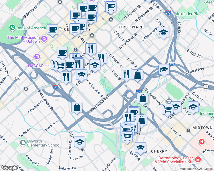 map of restaurants, bars, coffee shops, grocery stores, and more near 800 East 3rd Street in Charlotte