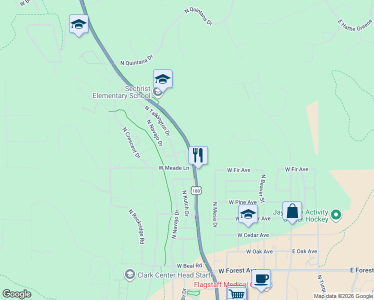 map of restaurants, bars, coffee shops, grocery stores, and more near 1910 North Lynn Drive in Flagstaff