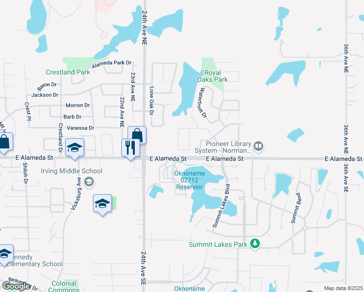 map of restaurants, bars, coffee shops, grocery stores, and more near 113 Mountain Oak Drive in Norman