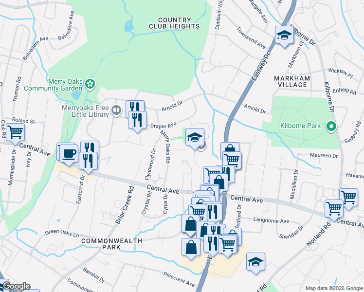 map of restaurants, bars, coffee shops, grocery stores, and more near 3442 Covington Oaks Drive in Charlotte