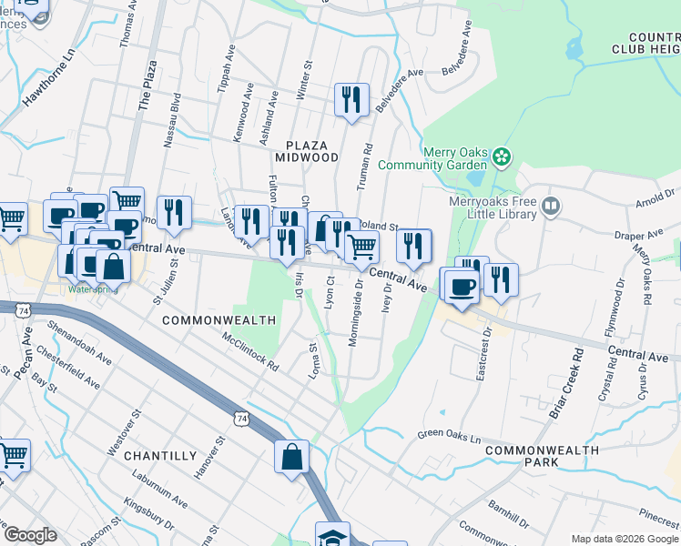 map of restaurants, bars, coffee shops, grocery stores, and more near in Charlotte