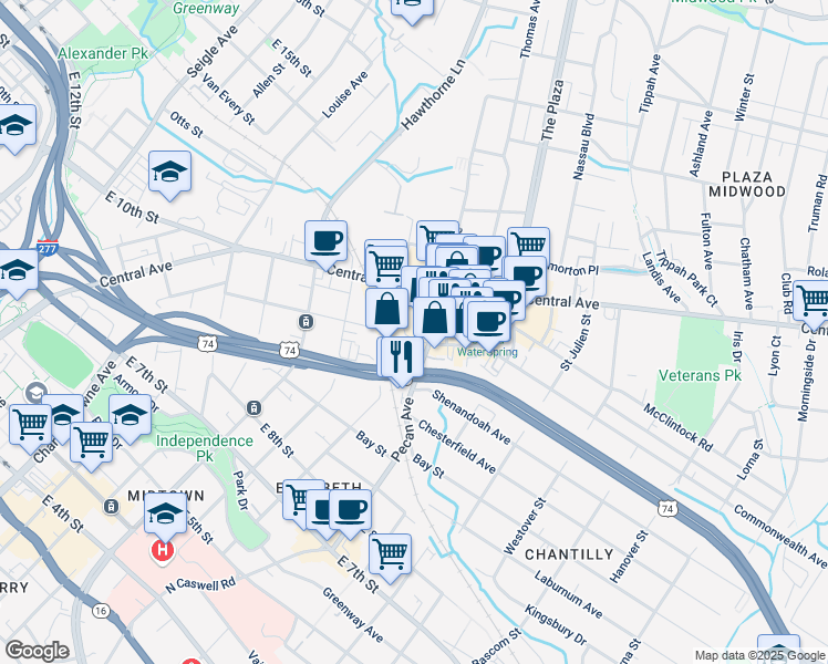 map of restaurants, bars, coffee shops, grocery stores, and more near 1800 Commonwealth Avenue in Charlotte