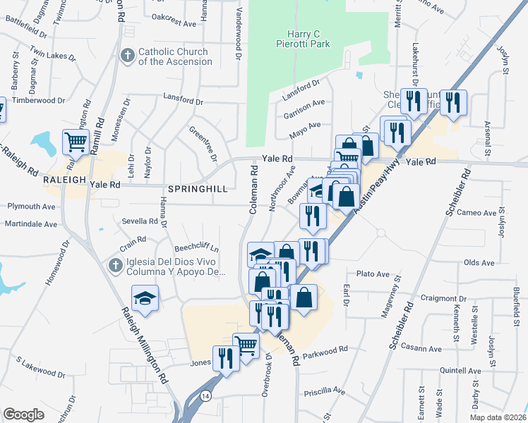 map of restaurants, bars, coffee shops, grocery stores, and more near 3400 Northmoor Avenue in Memphis