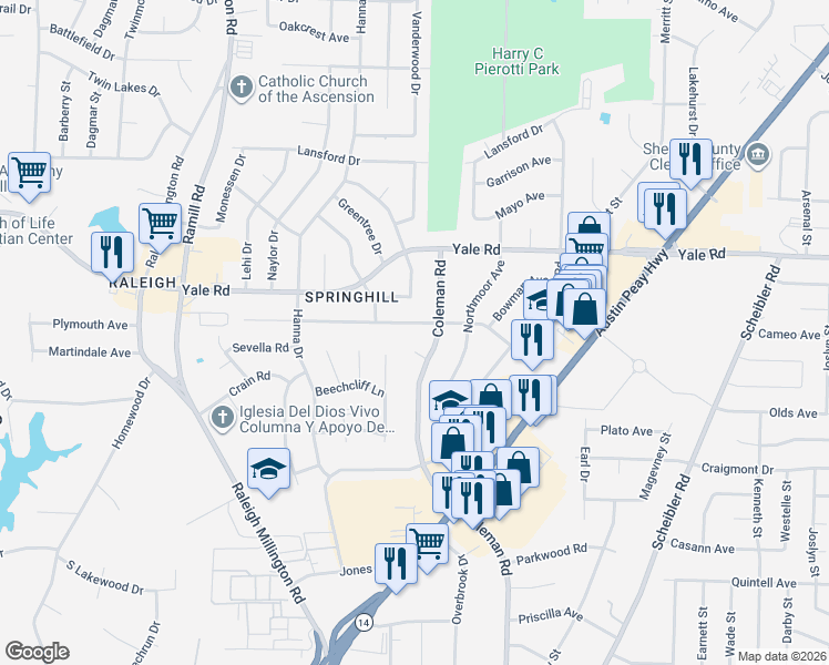 map of restaurants, bars, coffee shops, grocery stores, and more near 3400 Coleman Road in Memphis