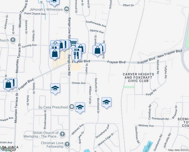 map of restaurants, bars, coffee shops, grocery stores, and more near 2759 Seaforth Cove in Memphis