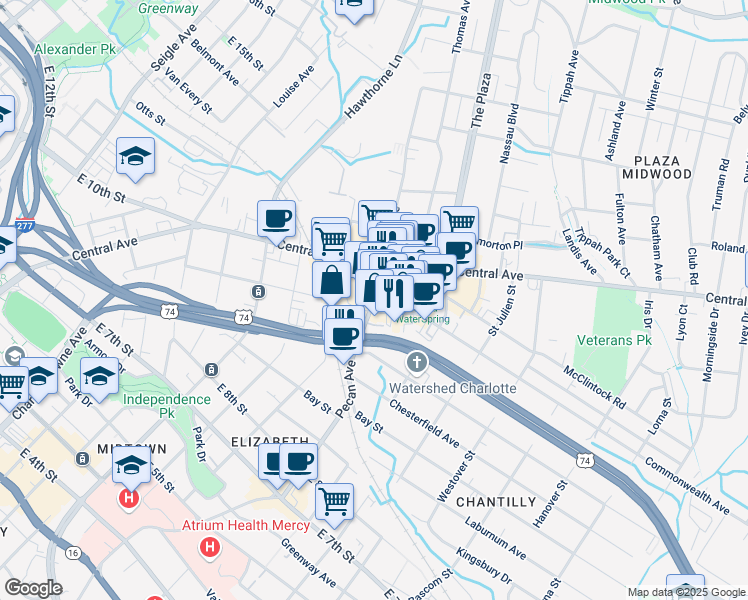 map of restaurants, bars, coffee shops, grocery stores, and more near Pecan Avenue in Charlotte