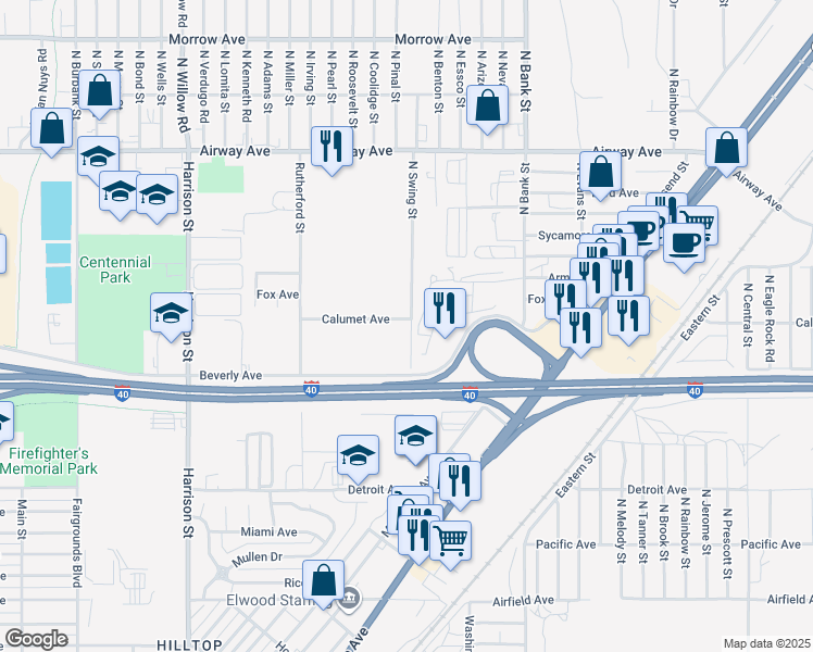 map of restaurants, bars, coffee shops, grocery stores, and more near 3265 North Swing Street in Kingman