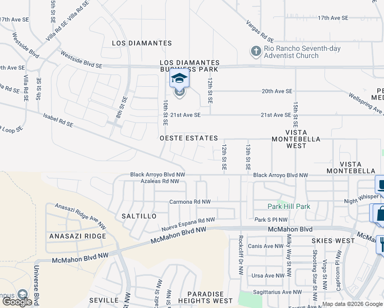 map of restaurants, bars, coffee shops, grocery stores, and more near 1016 Aspen Drive Southeast in Rio Rancho